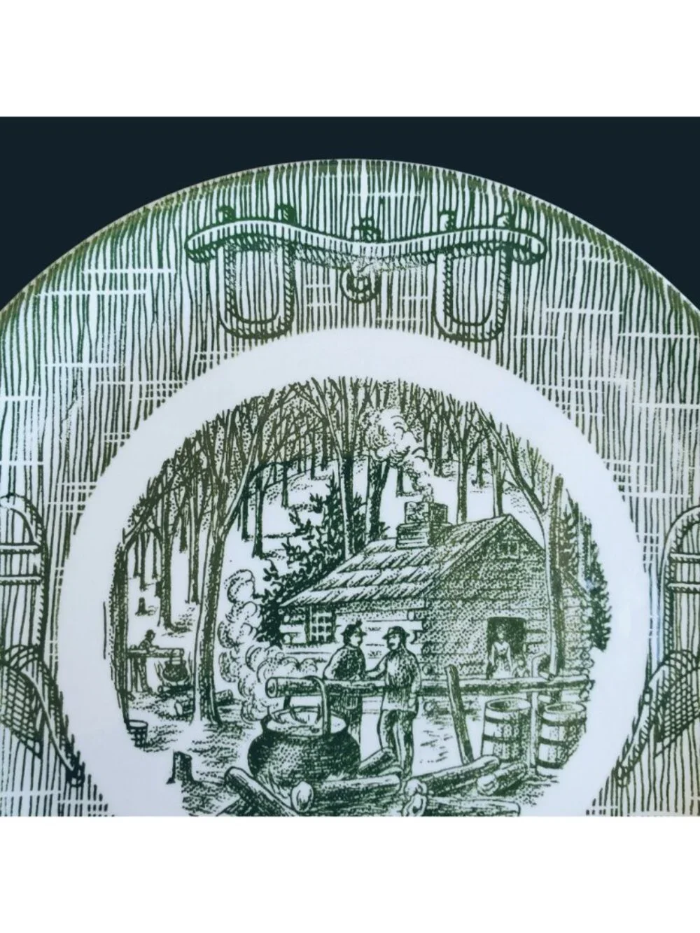 Vintage Green Transferware Currier Ives Log Cabin Pioneer Plate 8